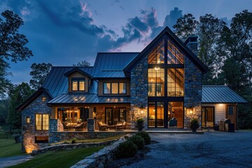 Wall Mural - photograph of modern luxury country house with stone and timber cladding, glass front door at night, two story barn style, full