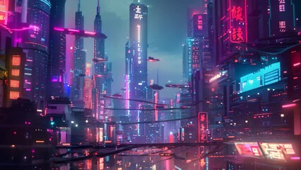Sticker - A modern cityscape illuminated by neon lights at night, with flying objects hovering above the buildings, A futuristic cityscape with neon lights and flying cars