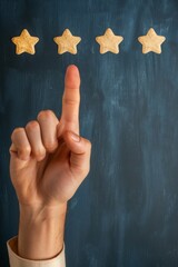 Hand with pointing finger pointing to rating stars , Customer service evaluation and satisfaction survey concepts. 