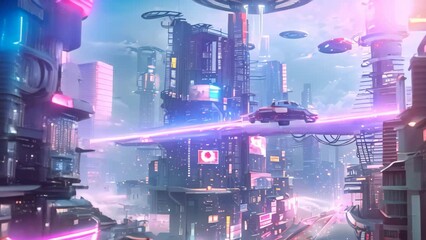 Poster - A bustling cityscape filled with neon lights and futuristic architecture, showcasing a vibrant and dynamic scene, A futuristic cityscape with neon lights and flying cars