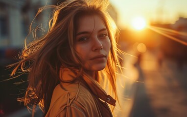 Wall Mural - Beautiful young woman with long hair walking down a city street at sunset