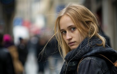 Wall Mural - A woman with blonde hair wearing a black jacket. Urban setting in the city, shallow depth of field