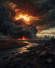 Wall Mural - Apocalyptic digital painting depicting the collapse of civilization and the end of the world.