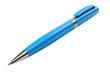 © CHONCHANOK PHOTO - A bright blue pen isolated on a black background. The pen is lying horizontally, pointing towards the right side of the frame.  The pen has a silver clip and a silver tip.