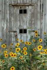 Wall Mural - Close-up of a weathered barn door framed by vibrant sunflowers, capturing the rustic charm of a summer landscape