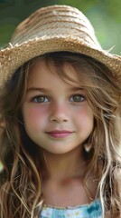 Wall Mural - A cheerful young girl wearing a straw hat