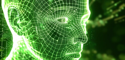 A background themed on artificial intelligence and advanced technology with illustrations of humans with glowing green circuit lines