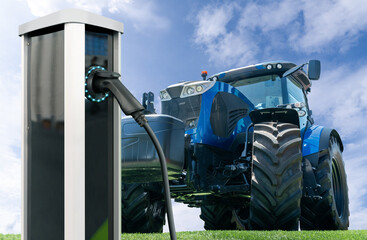 Poster - Electric vehicles charging station on a background of agricultural tractor. Concept.