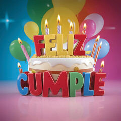 Wall Mural - Feliz cumple and Feliz cumpleaños sign means Happy Birthday in Spanish language, Birthday party celebration gift  with birthday cake candle colorful balloons best congratulation over light background