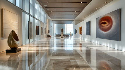 Wall Mural - 
A spacious gallery-style corridor with sleek marble floors, high ceilings with recessed lighting	