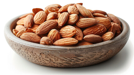 wide detailed macro closeup photo of wooden bowl full of brown color almond nuts in white color background 
