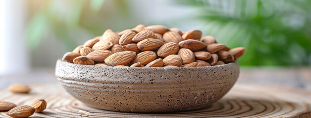 Wall Mural - wide detailed macro closeup background photo of ceramic bowl full of brown color almond nuts on a rustic natural color wooden table top