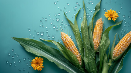 Corn with leaf leaves on sky blue background with rain water droplet
