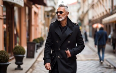 Wall Mural - A middleaged man wearing a black coat walks down a city street