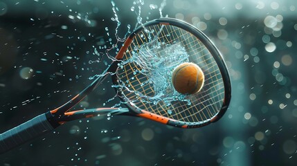 Wall Mural - A tennis racket striking a ball in mid-air, capturing the motion and intensity of the moment.