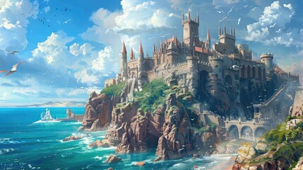 Wall Mural -  A medieval castle on a cliff overlooking the ocean, with knights and dragons. Medieval castle, cliffside setting, ocean view, knights, dragons, epic fantasy. Resplendent