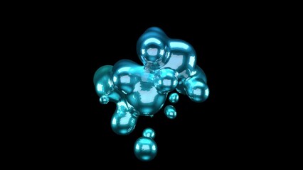 Wall Mural - 3D animation of Abstract smooth mint metallic liquid shape. 4k seamless loop 3D animation. Smooth animation of bubbles, metaball with inner glow. isolated on black background.