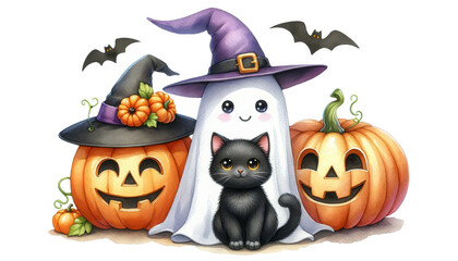 Poster - Cute ghost and pumpkin Halloween illustration - A whimsical illustration featuring a cute ghost wearing a witch hat alongside carved pumpkins and flying bats, isolated on transparent background.