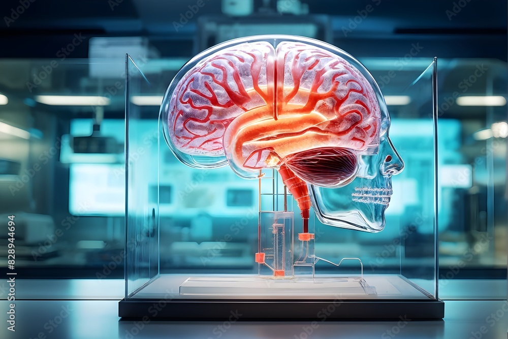 transparent human head revealing a detailed brain with areas of ...