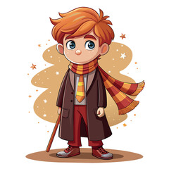 Poster - A cartoon wizard boy wearing a scarf and tie stands in front of a white background. He looks serious and focused