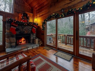 Wall Mural - A cozy cabin with a fireplace and a Christmas wreath on the mantle. The room is decorated with a red and white rug and a chair. The fireplace is lit, creating a warm and inviting atmosphere