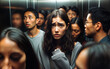 © Frameworld - Anxious Woman in Crowded Elevator Feeling Claustrophobic and Trapped