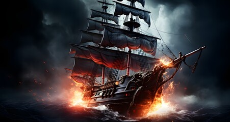 a pirate ship on fire in the ocean at night with dark clouds
