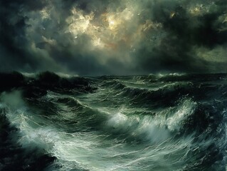 A painting of a stormy sea with dark clouds and crashing waves. The mood of the painting is intense and dramatic, with the stormy sea and dark clouds creating a sense of danger and power