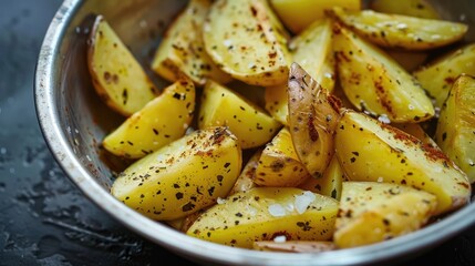 Seasoned raw potato wedges in a stainless steel bowl with Italian olive oil Hungarian paprika Cornish sea salt and cracked black pepper