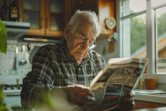 senior man reading newspaper in kitchen n home nurse in background