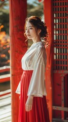 Wall Mural - A young woman in a white and red kimono stands in a red pavilion.