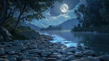 Wall Mural - A serene and peaceful scene of a lake with a large moon reflecting on the water