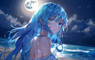Wall Mural - A girl with long blue hair is standing on a beach at night