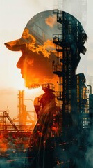 Double exposure of an industrial worker at sunrise, symbolizing hard work, dedication, and the industrial sector.