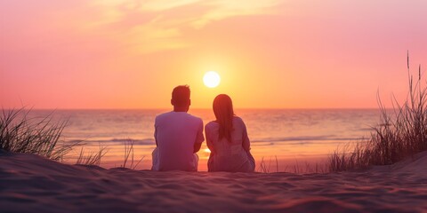 a couple sits close together on a beach, watching a beautiful sunset over the ocean, creating a roma