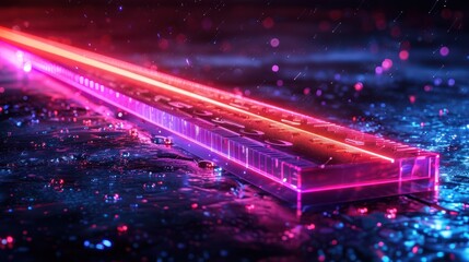 Wall Mural - futuristic neon light beam in vibrant colors on a reflective surface, creating a sci-fi atmosphere w