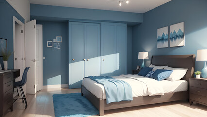 Comfortable and chic modern bedroom with blue walls, wooden furnishings, and elegant decor, blending comfort and modern style