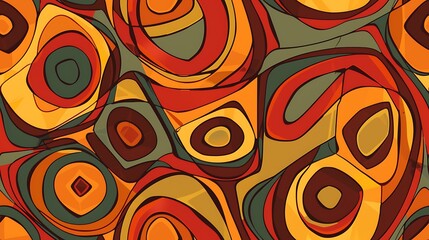 An abstract, colorful pattern with overlapping geometric shapes and swirls reminiscent of 70s retro designs. 