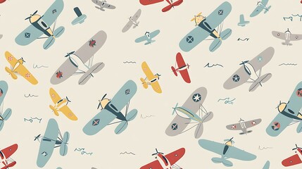 A seamless pattern of colorful vintage airplanes scattered across a neutral background. 