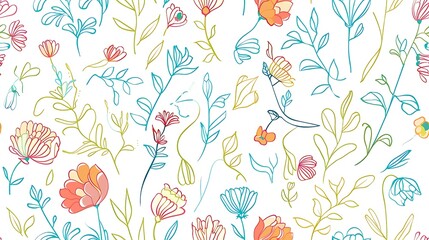 Wall Mural - A seamless pattern featuring stylized flowers and bird in a colorful, hand-drawn vector illustration suitable for spring-themed designs and textiles 