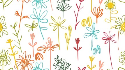 Wall Mural - A colorful and playful pattern of hand-drawn flowers on a white background suitable for cheerful design themes 