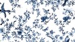 © Vivid Canvas - A seamless pattern of blue flowers and birds depicted in a traditional chinoiserie style on a white background for elegant design applications.