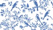 © Vivid Canvas - Elegant blue and white seamless pattern featuring birds perched on floral branches, ideal for fabric or wallpaper design.