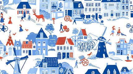 Colorful illustrated pattern featuring an eclectic mix of village life, people, and animals in a whimsical style 