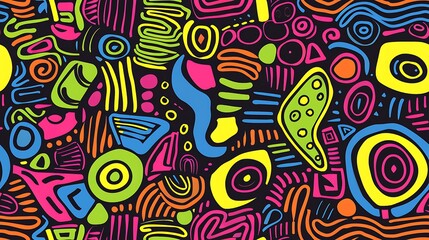 A vibrant abstract pattern with colorful shapes and lines on a dark background.