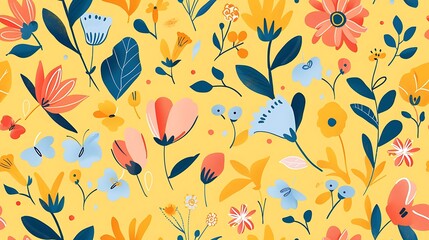 A vibrant floral pattern with butterflies on a yellow background perfect for spring-themed designs. 