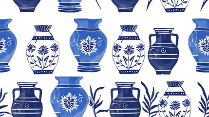 Wall Mural - A seamless pattern featuring a variety of traditional blue and white vases and floral elements on a clean background. 