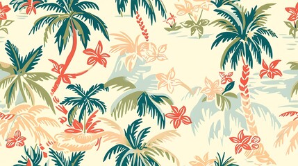 Wall Mural - A tropical pattern featuring palm trees and exotic flowers in a pastel color scheme perfect for summery designs and beach-themed projects 