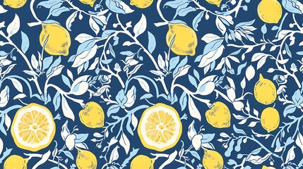 Wall Mural - Vibrant pattern featuring yellow lemons and lush leaves on a dark blue background, perfect for a fresh, summery design theme. 