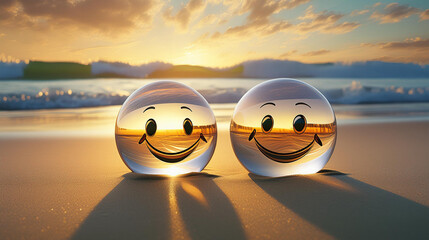 Two glass spheres with emoji faces resting on a sandy beach at sunset. One sphere features a smiling face emoji, while the other displays a thinking face emoji. The ocean waves are gently approaching 